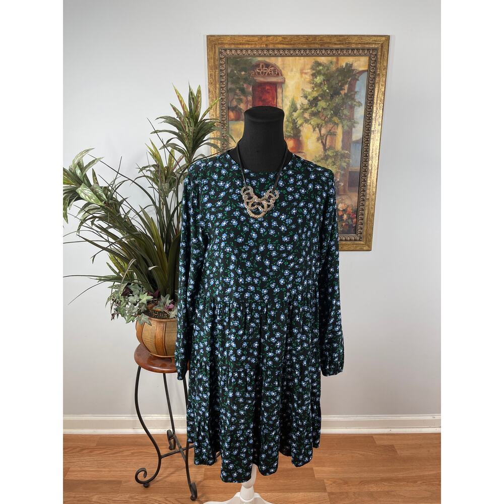 Loft Shift Dress Women's Small Black Blue Ditsy Floral Cottagecore Whimsigoth